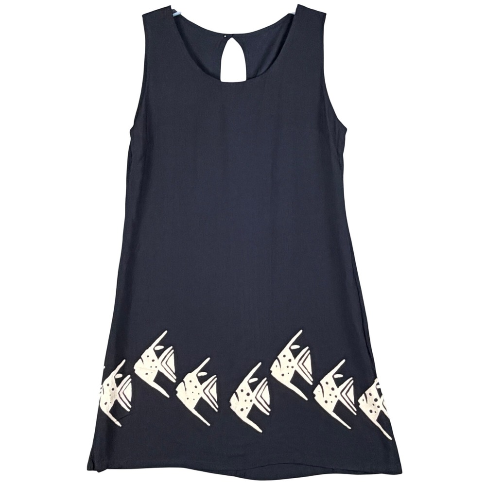NEW Santiki Women's L Batik Sleeveless‎ Shift Rayon Dress Black Angelfish Print